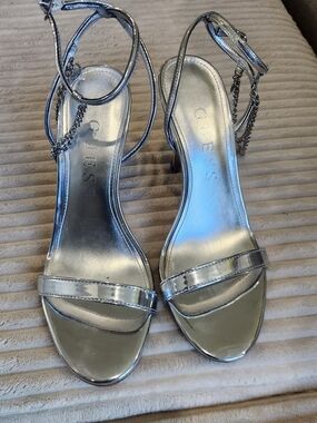 GUESS Silver Metallic Chain-Ankle Strap Heels